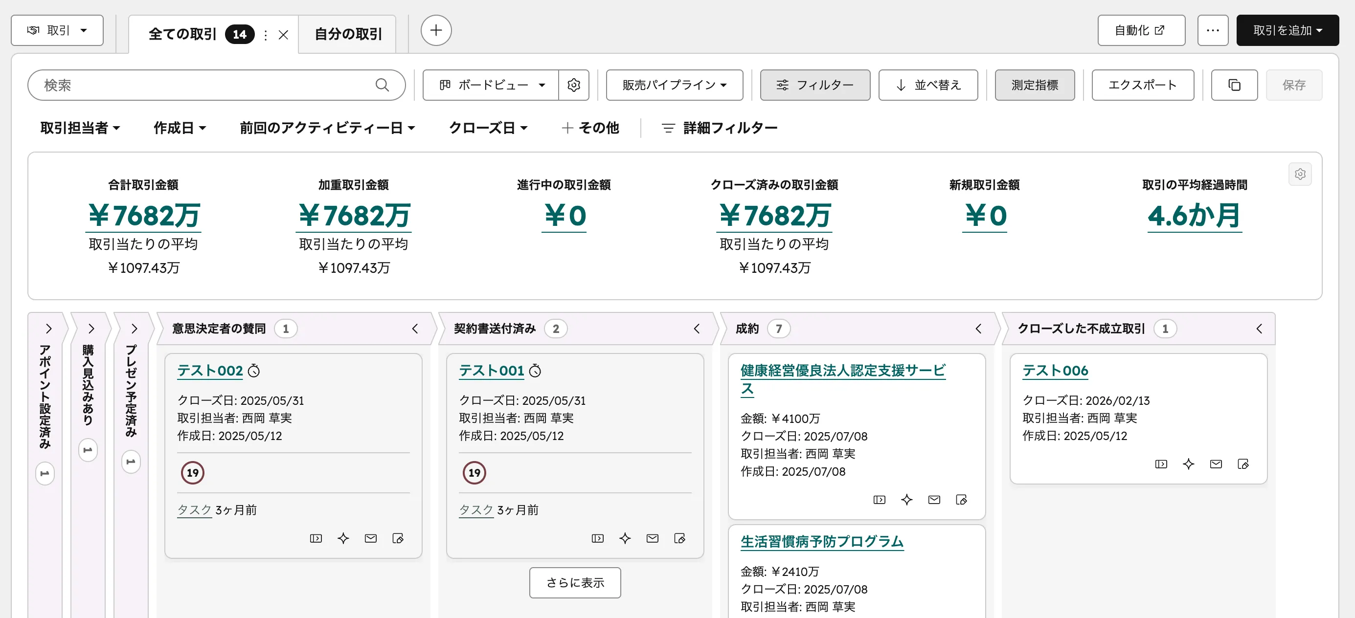 HubSpot取引ボードビュー ─ パイプラインのステージごとにカードが並ぶかんばん形式の一覧画面