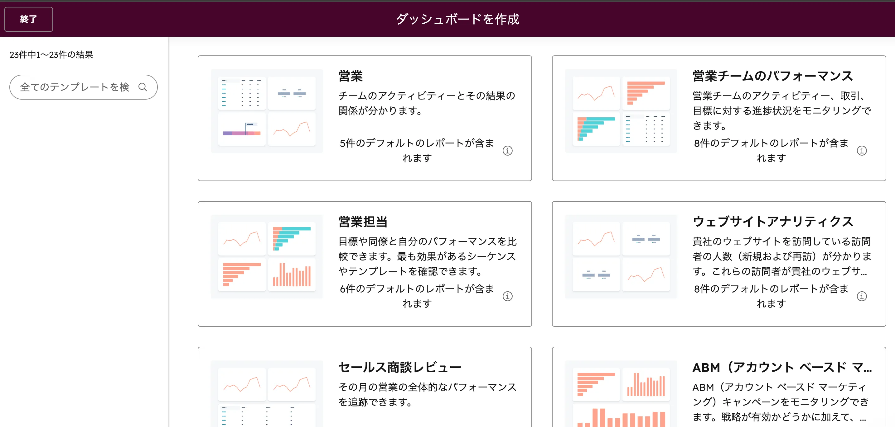 HubSpotダッシュボード作成画面 ─ 営業・営業担当・セールス商談レビューなどのテンプレート一覧