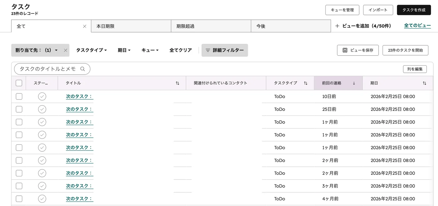 タスク一覧ページ。上部にビュータブ（全て・本日期限・期限超過など）、フィルター、テーブルが表示されている