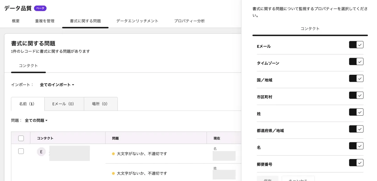 書式の問題の修正画面