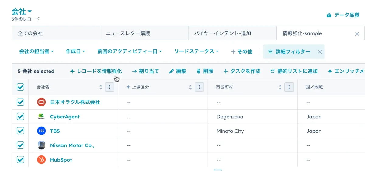 データエンリッチメントの実行画面